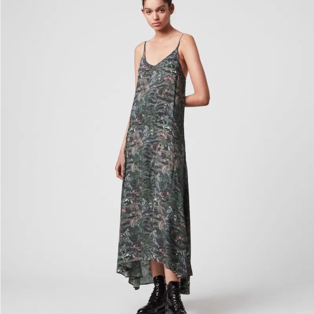 All Saints Green Gray Asymmetrical Slip Dress